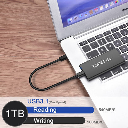 SSD Extern 1TB Topesel, 500 MB/s cu USB C, portabil, de mare viteza, din aluminiu, pentru PC, laptop, smartphone, negru