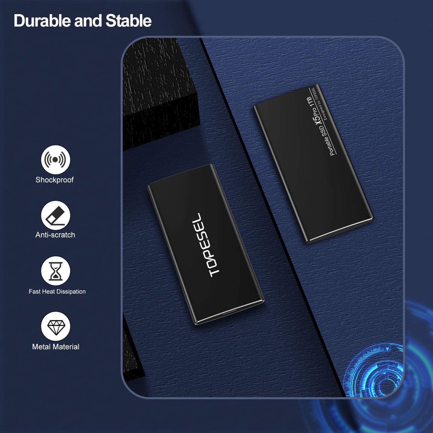 SSD Extern 1TB Topesel, 500 MB/s cu USB C, portabil, de mare viteza, din aluminiu, pentru PC, laptop, smartphone, negru