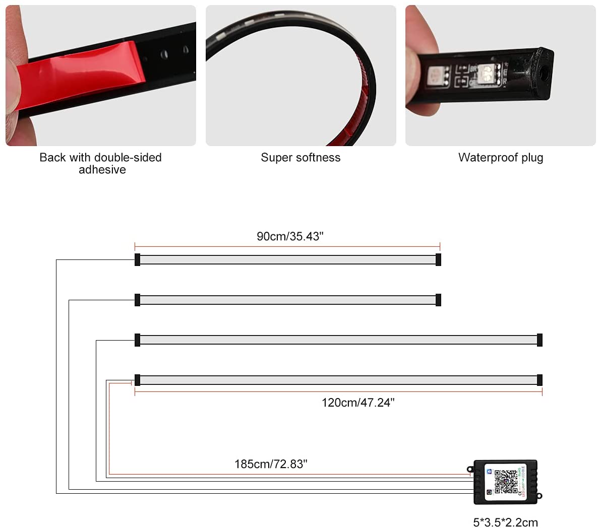 Kit banda LED RGB auto exterior, sub caroserie, lumini ambientale profesionale cu control prin aplicatie si control muzical, 7 culori si 16 moduri, 2 x 120 cm, 2 x 90 cm