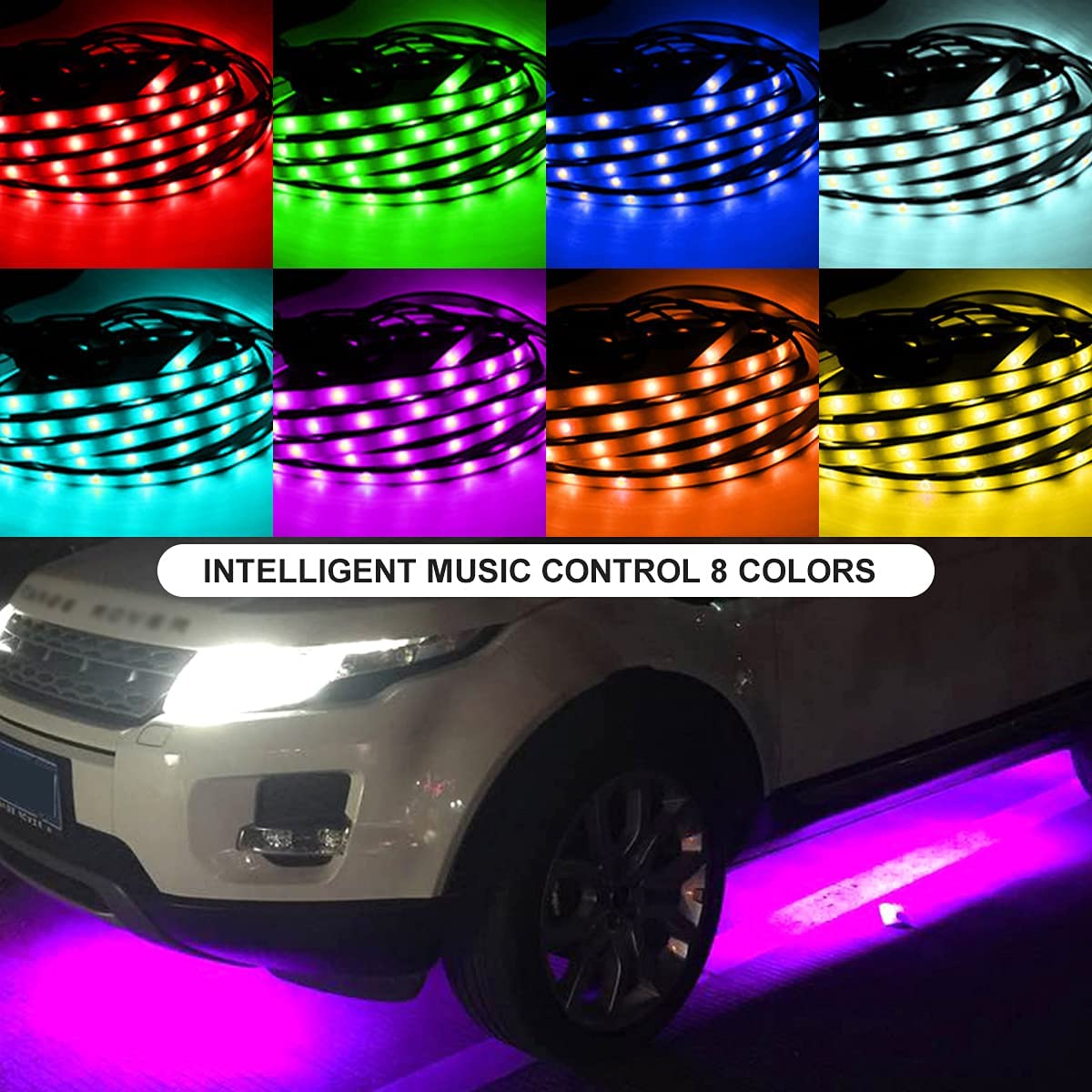 Kit banda LED RGB auto exterior, sub caroserie, lumini ambientale profesionale cu control prin aplicatie si control muzical, 7 culori si 16 moduri, 2 x 120 cm, 2 x 90 cm