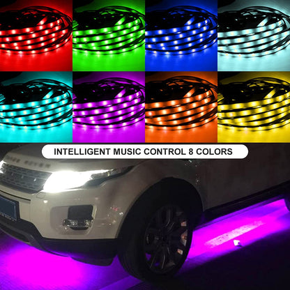 Kit banda LED RGB auto exterior, sub caroserie, lumini ambientale profesionale cu control prin aplicatie si control muzical, 7 culori si 16 moduri, 2 x 120 cm, 2 x 90 cm