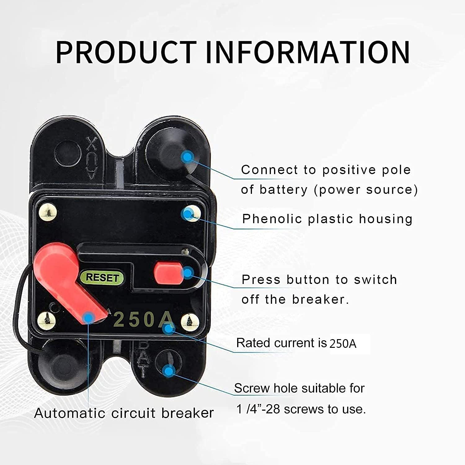 Intrerupator auto 12-48V, siguranta automata cu resetare manuala, circuit breaker impermabil pentru masina, camion, caravana, barca, 11 AWG, 250A