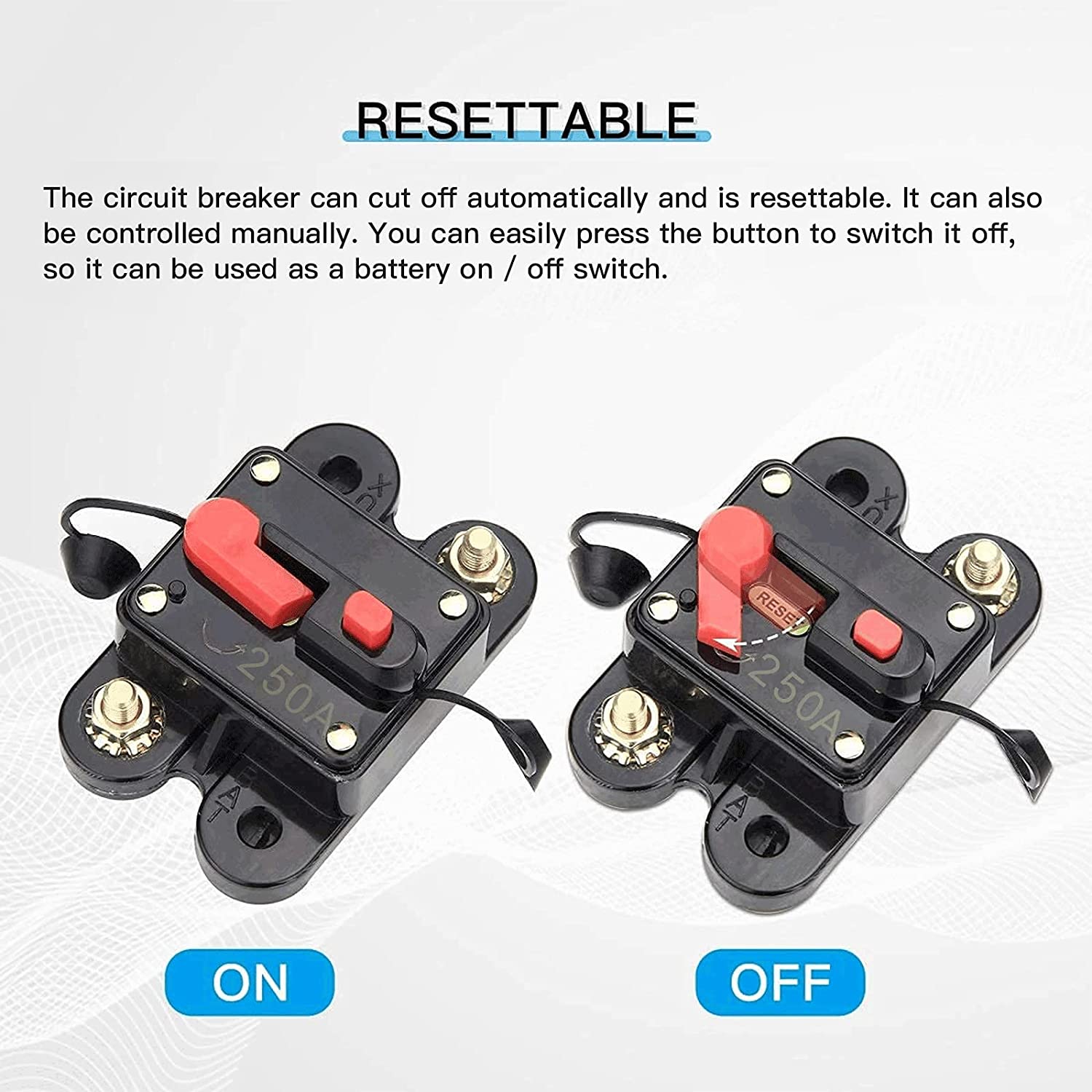 Intrerupator auto 12-48V, siguranta automata cu resetare manuala, circuit breaker impermabil pentru masina, camion, caravana, barca, 11 AWG, 250A