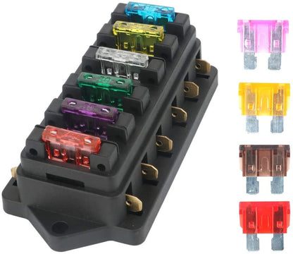 Set panou sigurante auto cu 6 iesiri 12-32V, cu 10 sigurante si capac de protectie, pentru masina, camion, caravana (1-40 A)