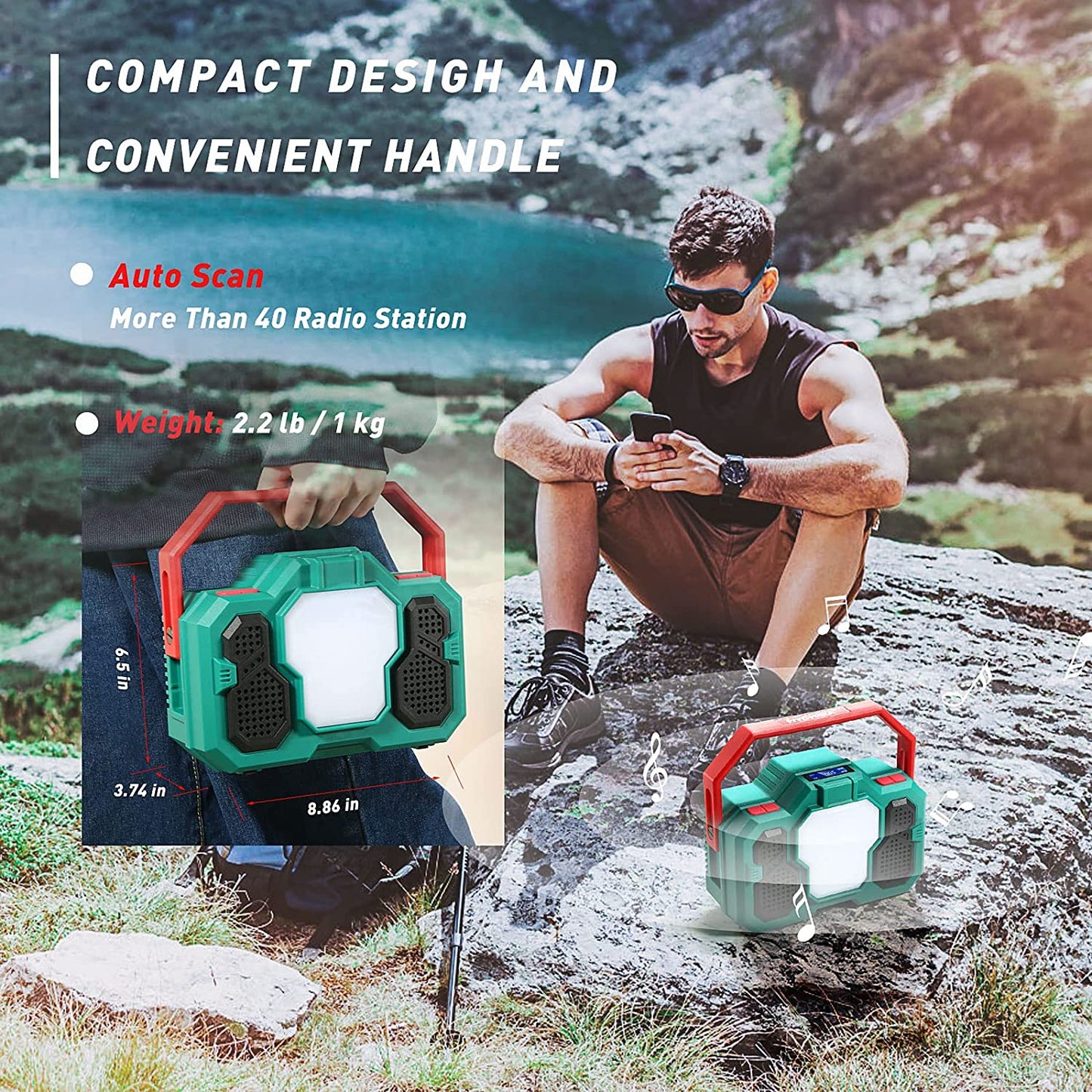 Radio camping portabil cu Bluetooth, lanterna LED 1500 Lm, powerbank 8000 mAh cu port USB, pentru calamitati naturale, drumetii, santier