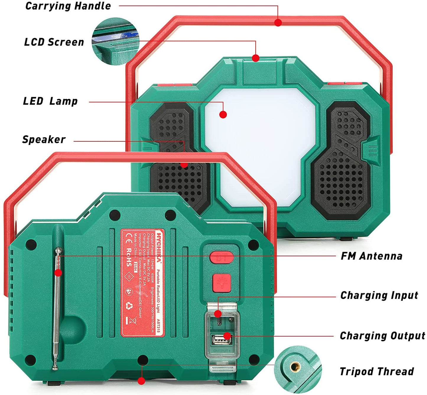 Radio camping portabil cu Bluetooth, lanterna LED 1500 Lm, powerbank 8000 mAh cu port USB, pentru calamitati naturale, drumetii, santier