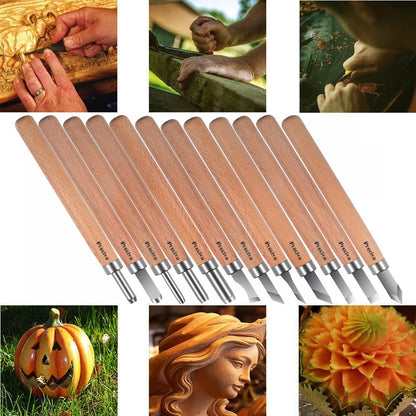 Set 12 dalti de sculptura, tamplarie, gravura, pentru lemn, ceara, plastic, cu lama din otel SK2 si maner din lemn