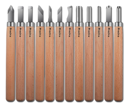 Set 12 dalti de sculptura, tamplarie, gravura, pentru lemn, ceara, plastic, cu lama din otel SK2 si maner din lemn