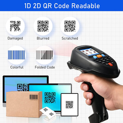 Cititor coduri de bare, scanner 1D, 2D, portabil, cu acumulator incorporat si statie de incarcare, cu ecran LCD de 2,2 inch, wireless, negru