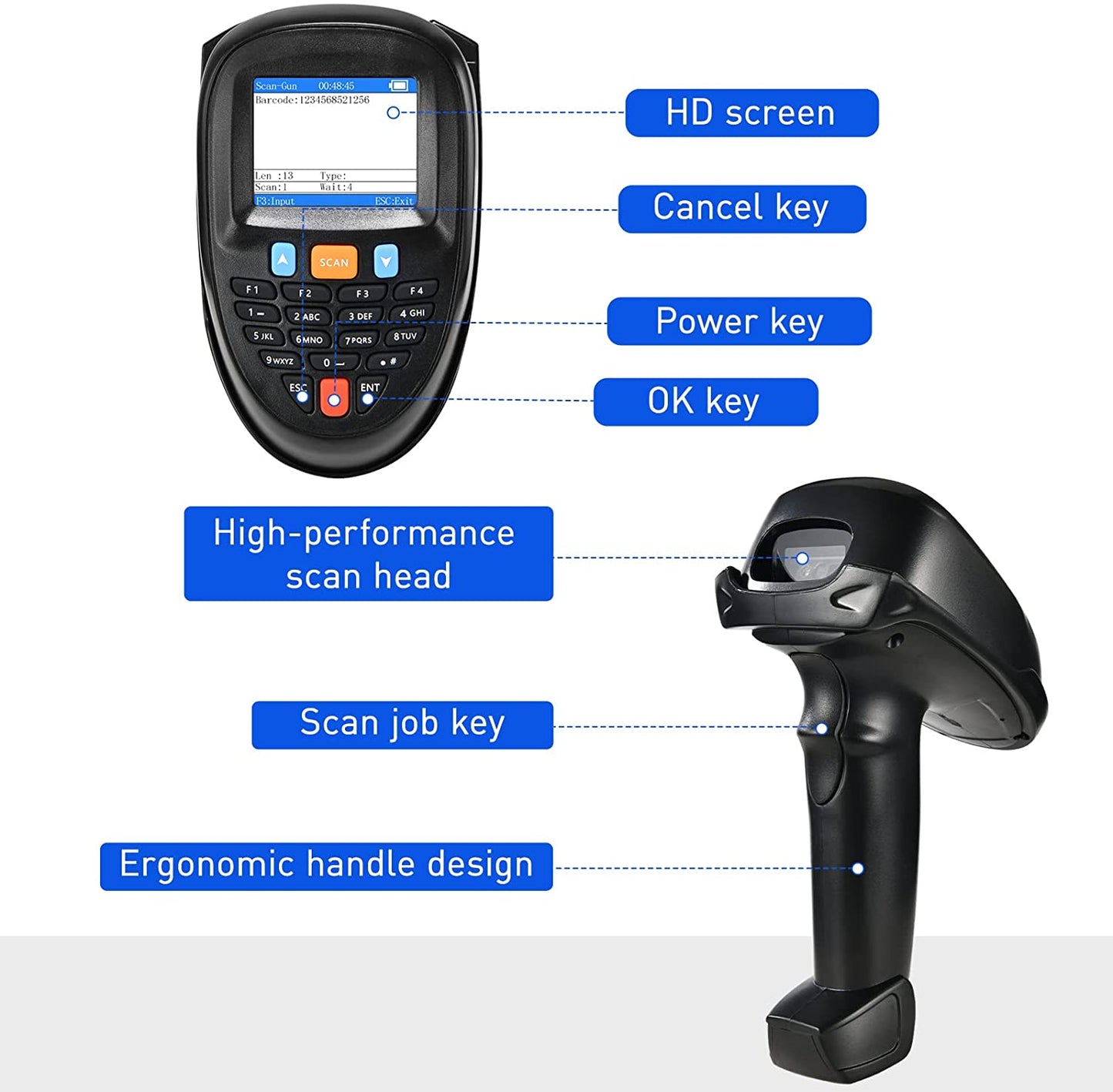 Cititor coduri de bare, scanner 1D, 2D, portabil, cu acumulator incorporat si statie de incarcare, cu ecran LCD de 2,2 inch, wireless, negru
