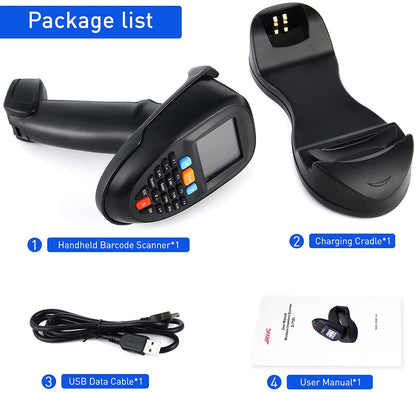 Cititor coduri de bare, scanner 1D, 2D, portabil, cu acumulator incorporat si statie de incarcare, cu ecran LCD de 2,2 inch, wireless, negru