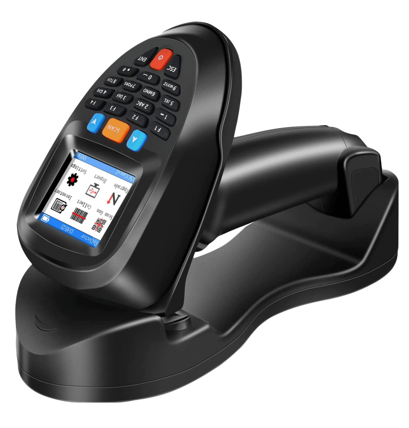 Cititor coduri de bare, scanner 1D, 2D, portabil, cu acumulator incorporat si statie de incarcare, cu ecran LCD de 2,2 inch, wireless, negru