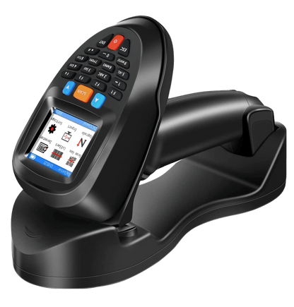 Cititor coduri de bare, scanner 1D, 2D, portabil, cu acumulator incorporat si statie de incarcare, cu ecran LCD de 2,2 inch, wireless, negru