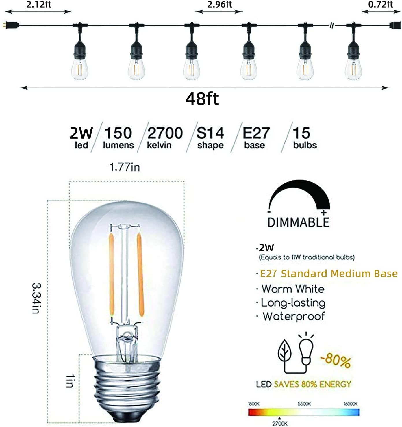 Ghirlanda luminoasa LED, 30 m, 30 de becuri dimabile, impermeabila IP65, 2700 K, clasa de energie A+