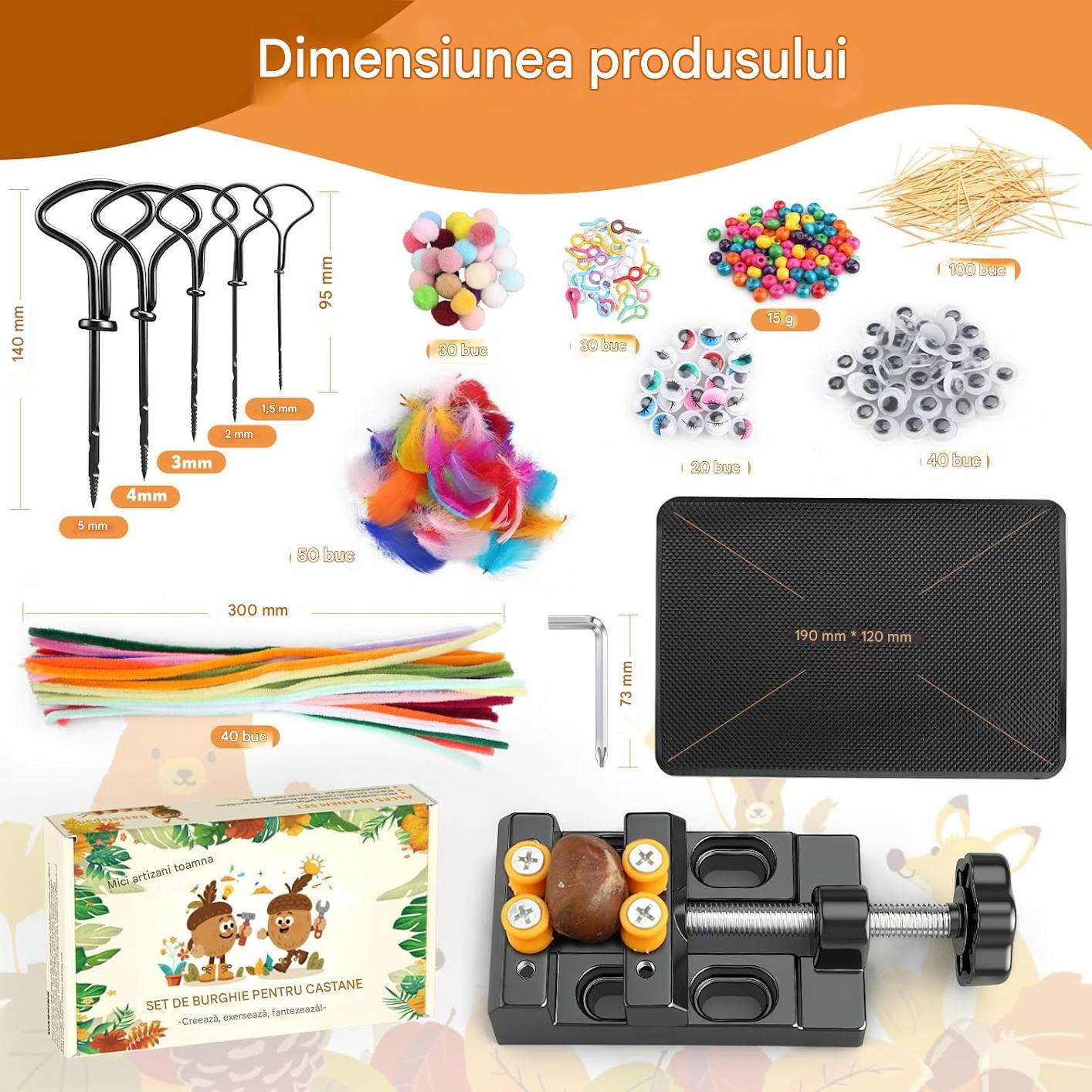 Set de gaurit castane, accesorii mestesuguri cu suport si burghie 1, 5-5 mm, sarme plusate, margele, pene, ochi de jucarie, DIY, multicolor