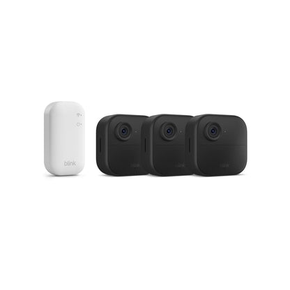 Set 3 camere de supraveghere Blink Outdoor 4, Wireless, Full HD 1080p, IP65, vedere nocturna IR, detectare miscare, audio bidirectional, autonomie baterie pana la 2 ani, compatibila Alexa, cu modul Sync Core, kit montaj inclus