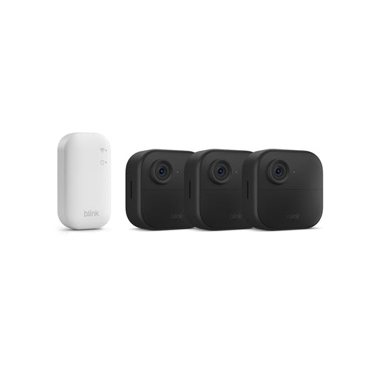 Set 3 camere de supraveghere Blink Outdoor 4, Wireless, Full HD 1080p, IP65, vedere nocturna IR, detectare miscare, audio bidirectional, autonomie baterie pana la 2 ani, compatibila Alexa, cu modul Sync Core, kit montaj inclus