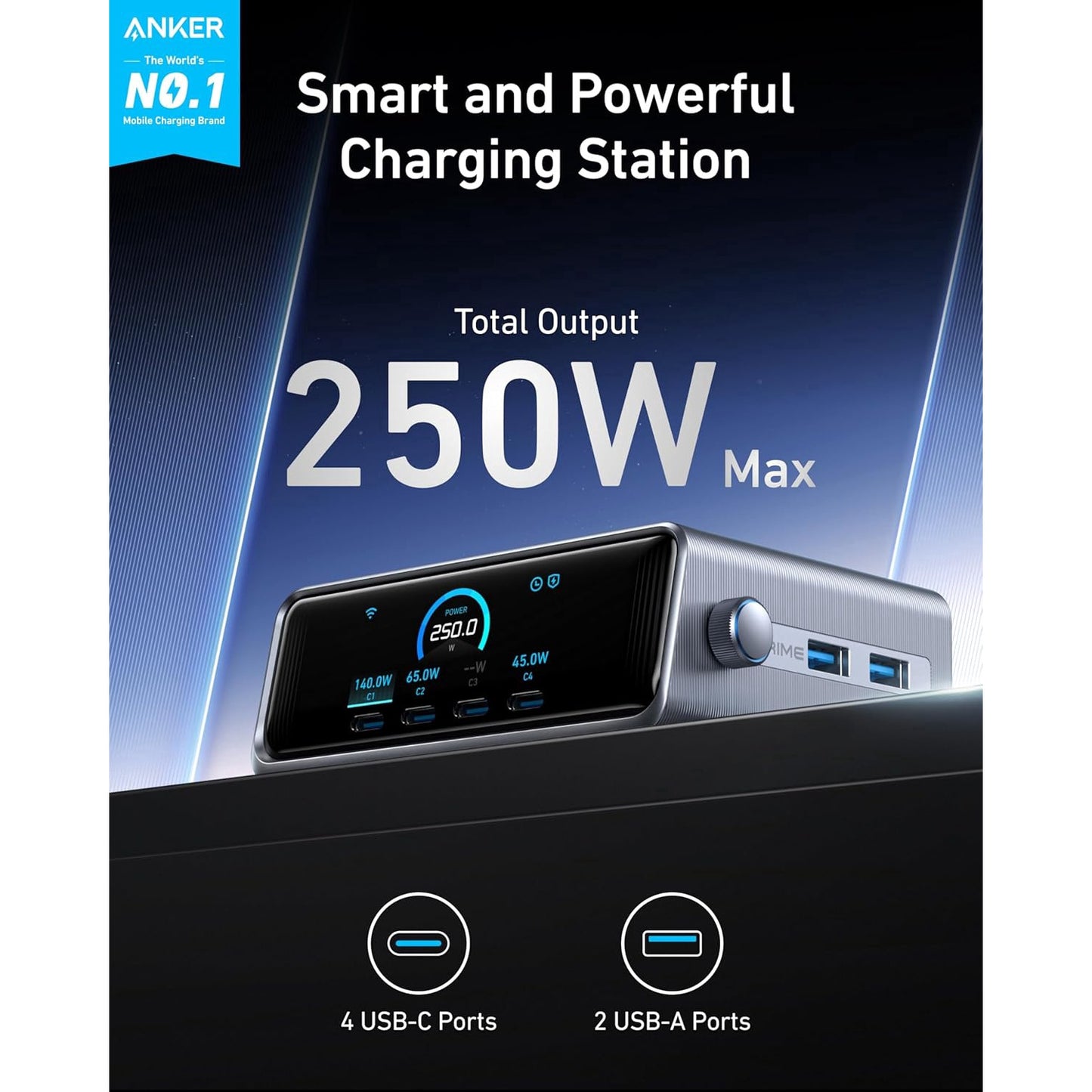 Incarcator retea 250 W GAN Ultra-Fast, smart, cu Wi-Fi, display LCD, buton control putere, 4 porturi USB-C si 2 USB-A, protectie supracurent, supraincalzire, supratensiune, scurtcircuit, multifunctional