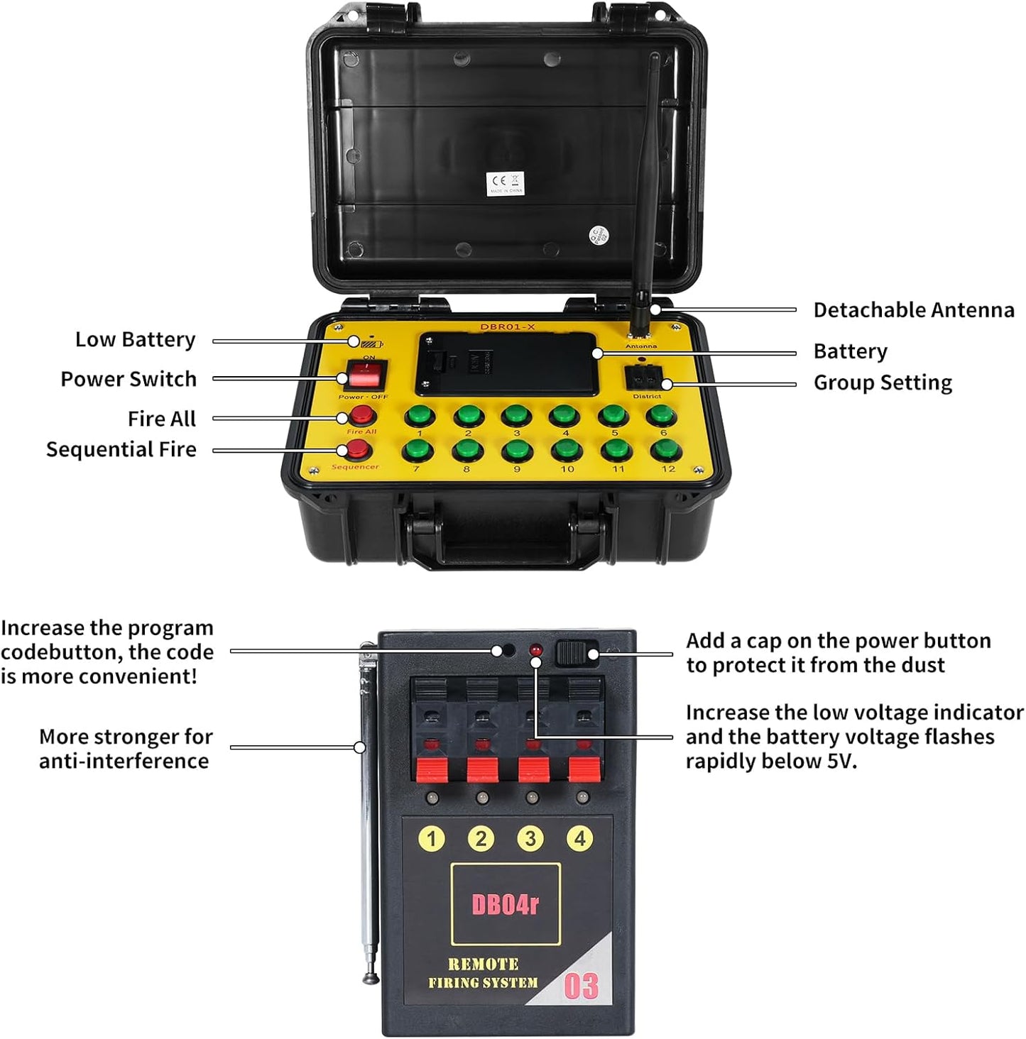 Set aprindere artificii cu 1 transmitator wireless si 9 declansatoare cu 4 canale, pana la 500 m raza de actiune, comutare de la distanta, multifunctional