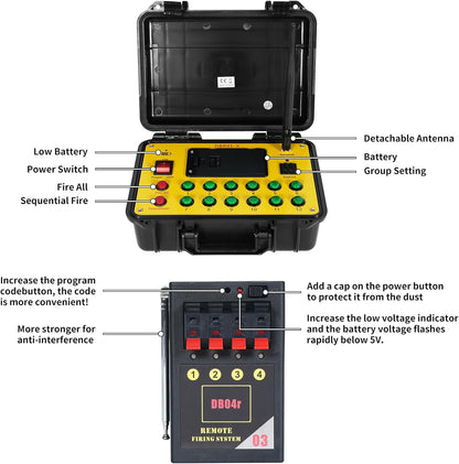 Set aprindere artificii cu 1 transmitator wireless si 9 declansatoare cu 4 canale, pana la 500 m raza de actiune, comutare de la distanta, multifunctional