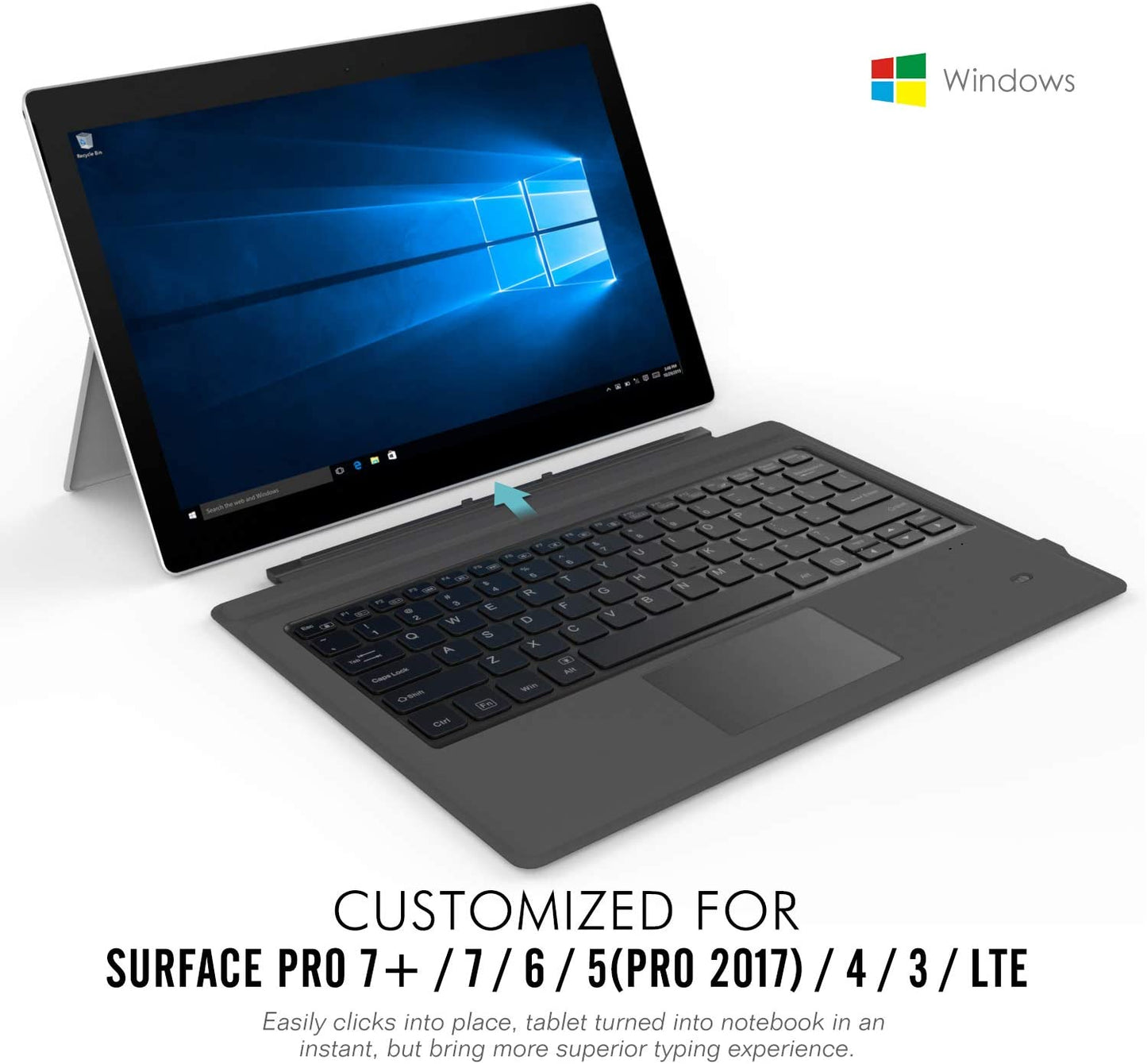 Tastatura Bluetooth compatibila cu  Surface Pro 7 Plus, 7, 6, a 5-a generatie 2017, 4, 3, Pro LTE, cu taste iluminate, baterie integrata, Querty, Gri