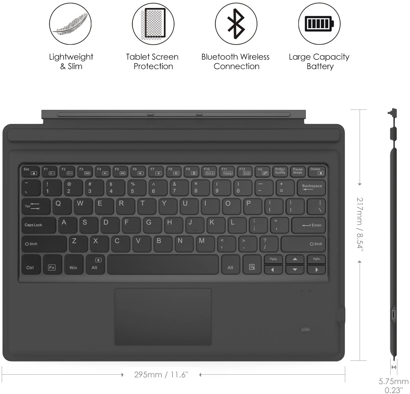 Tastatura Bluetooth compatibila cu  Surface Pro 7 Plus, 7, 6, a 5-a generatie 2017, 4, 3, Pro LTE, cu taste iluminate, baterie integrata, Querty, Gri