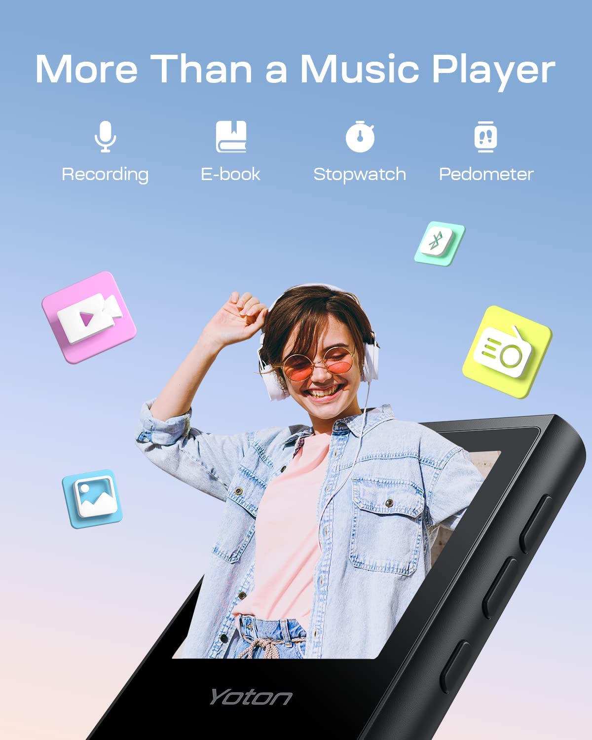 MP3 Player Yoton 16 GB, HiFi, Bluetooth 5.0, cu card de 64 GB inclus, butoane tactile, Radio FM, inregistrare vocala, pedometru, suporta card pana la 128 GB
