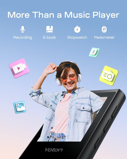 MP3 Player Yoton 16 GB, HiFi, Bluetooth 5.0, cu card de 64 GB inclus, butoane tactile, Radio FM, inregistrare vocala, pedometru, suporta card pana la 128 GB