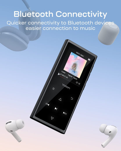 MP3 Player Yoton 16 GB, HiFi, Bluetooth 5.0, cu card de 64 GB inclus, butoane tactile, Radio FM, inregistrare vocala, pedometru, suporta card pana la 128 GB