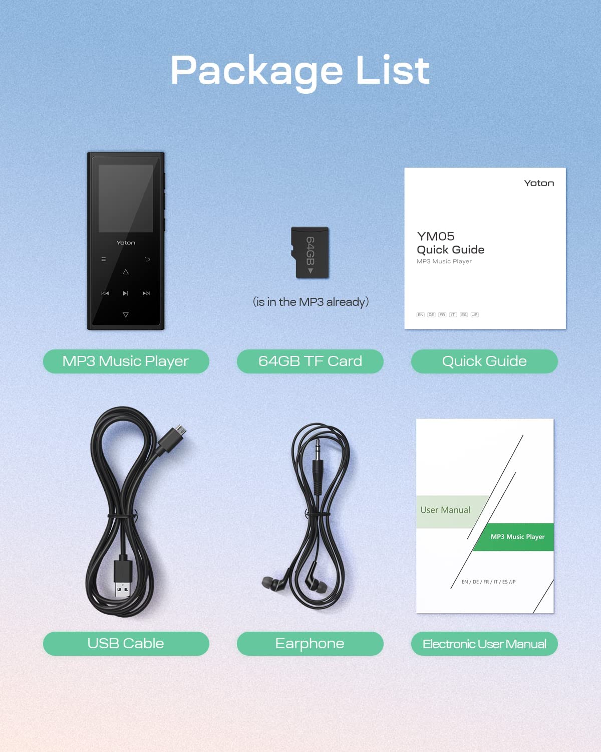 MP3 Player Yoton 16 GB, HiFi, Bluetooth 5.0, cu card de 64 GB inclus, butoane tactile, Radio FM, inregistrare vocala, pedometru, suporta card pana la 128 GB