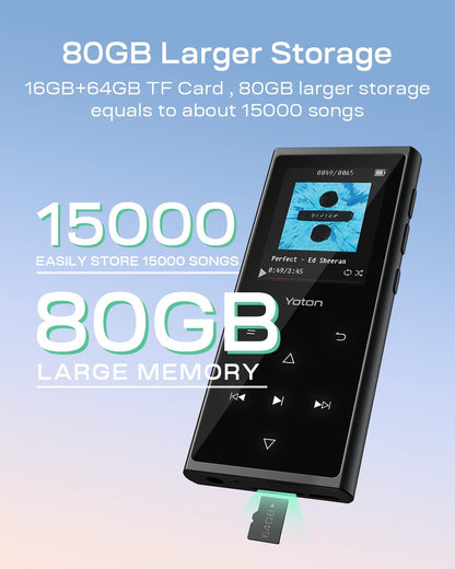 MP3 Player Yoton 16 GB, HiFi, Bluetooth 5.0, cu card de 64 GB inclus, butoane tactile, Radio FM, inregistrare vocala, pedometru, suporta card pana la 128 GB