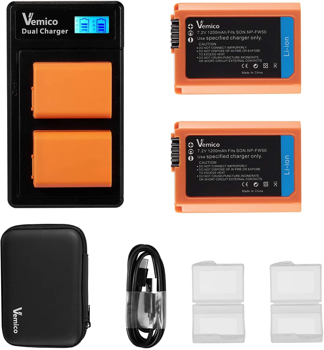 Set de 2 acumulatori NP-FW50 1200 mAh si incarcator dublu cu afisaj LCD, compatibil Sony Alpha 6500 / 7R /7/7S /7ii /a7rii/6000/6400/6300/NEX-7