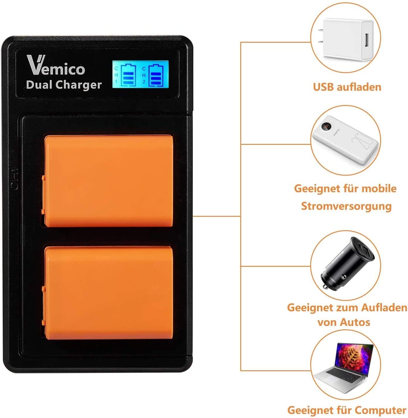 Set de 2 acumulatori NP-FW50 1200 mAh si incarcator dublu cu afisaj LCD, compatibil Sony Alpha 6500 / 7R /7/7S /7ii /a7rii/6000/6400/6300/NEX-7