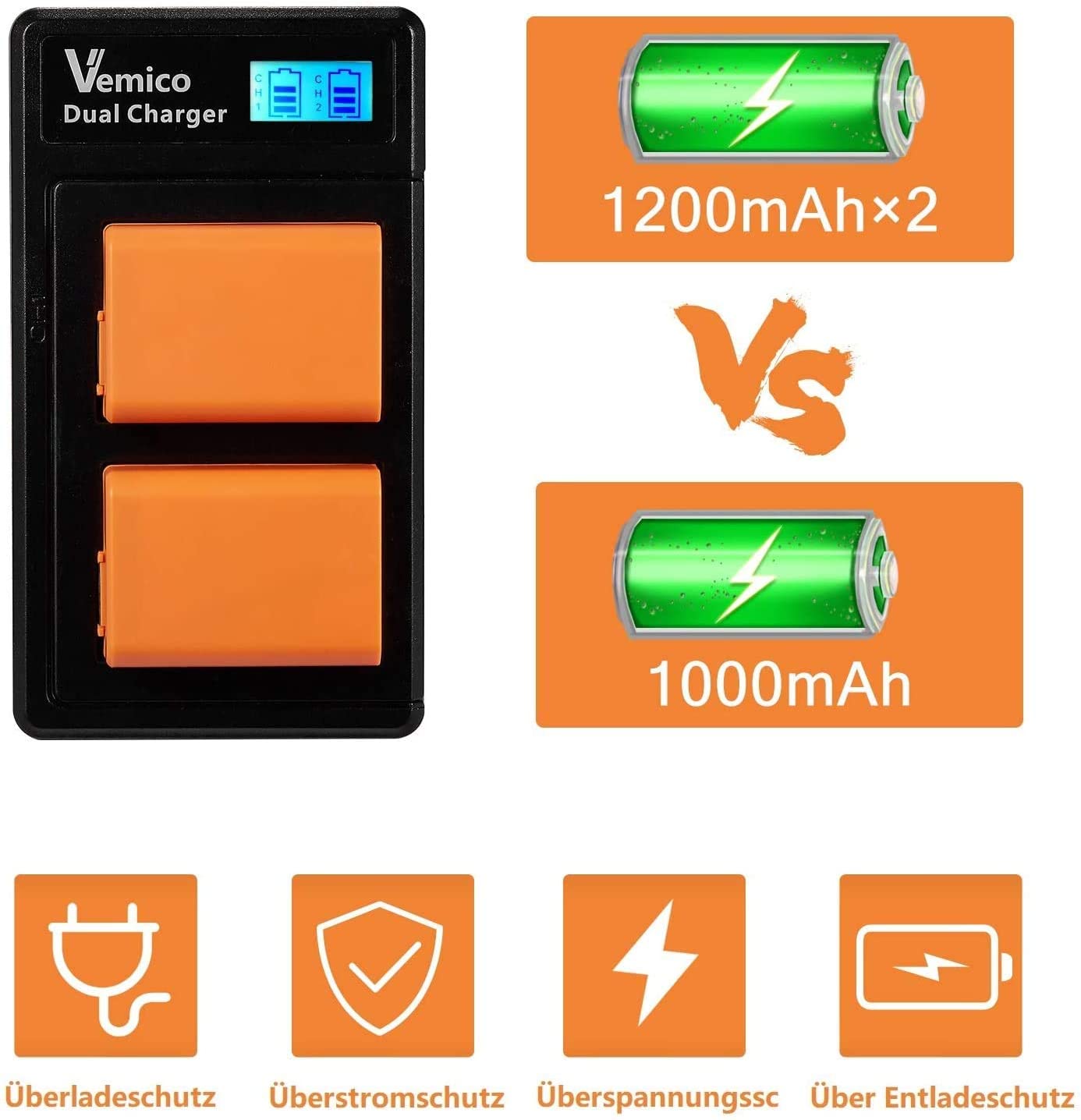 Set de 2 acumulatori NP-FW50 1200 mAh si incarcator dublu cu afisaj LCD, compatibil Sony Alpha 6500 / 7R /7/7S /7ii /a7rii/6000/6400/6300/NEX-7