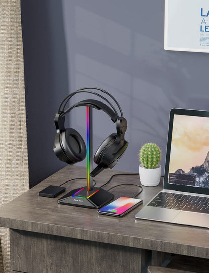 Stand casti RGB, suport gaming cu slot USB si USB C si transfer de date, universal, plug and play, compatibil Windows, Linux, Mac