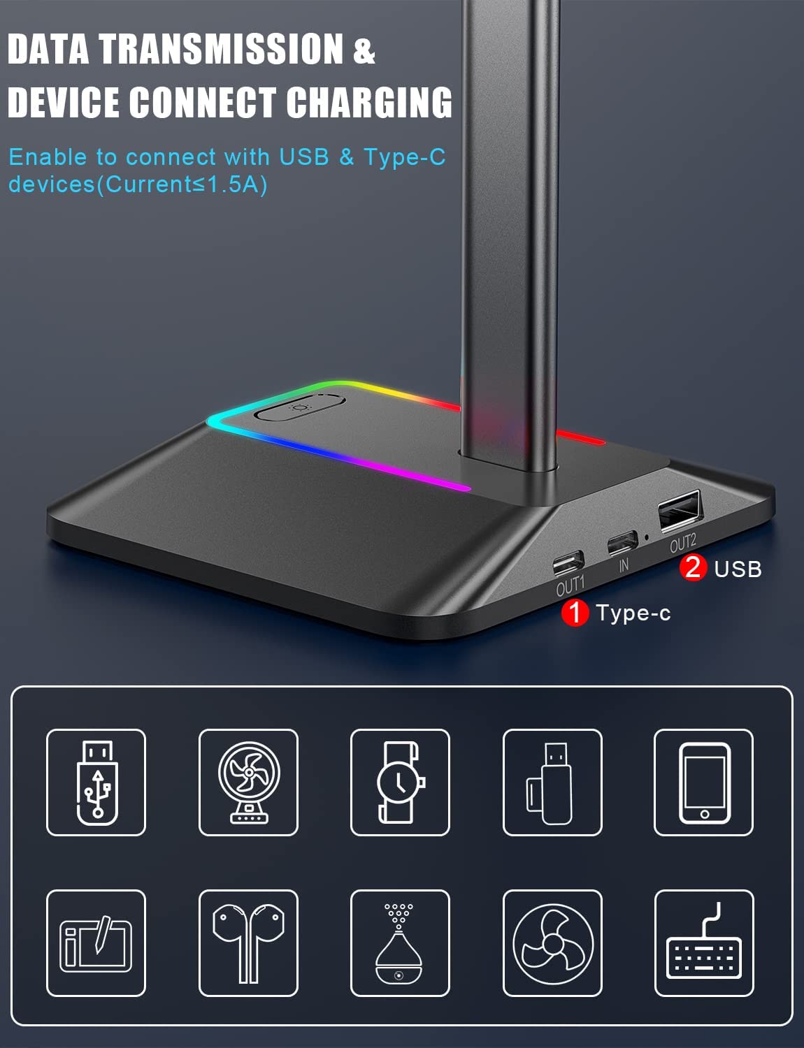 Stand casti RGB, suport gaming cu slot USB si USB C si transfer de date, universal, plug and play, compatibil Windows, Linux, Mac