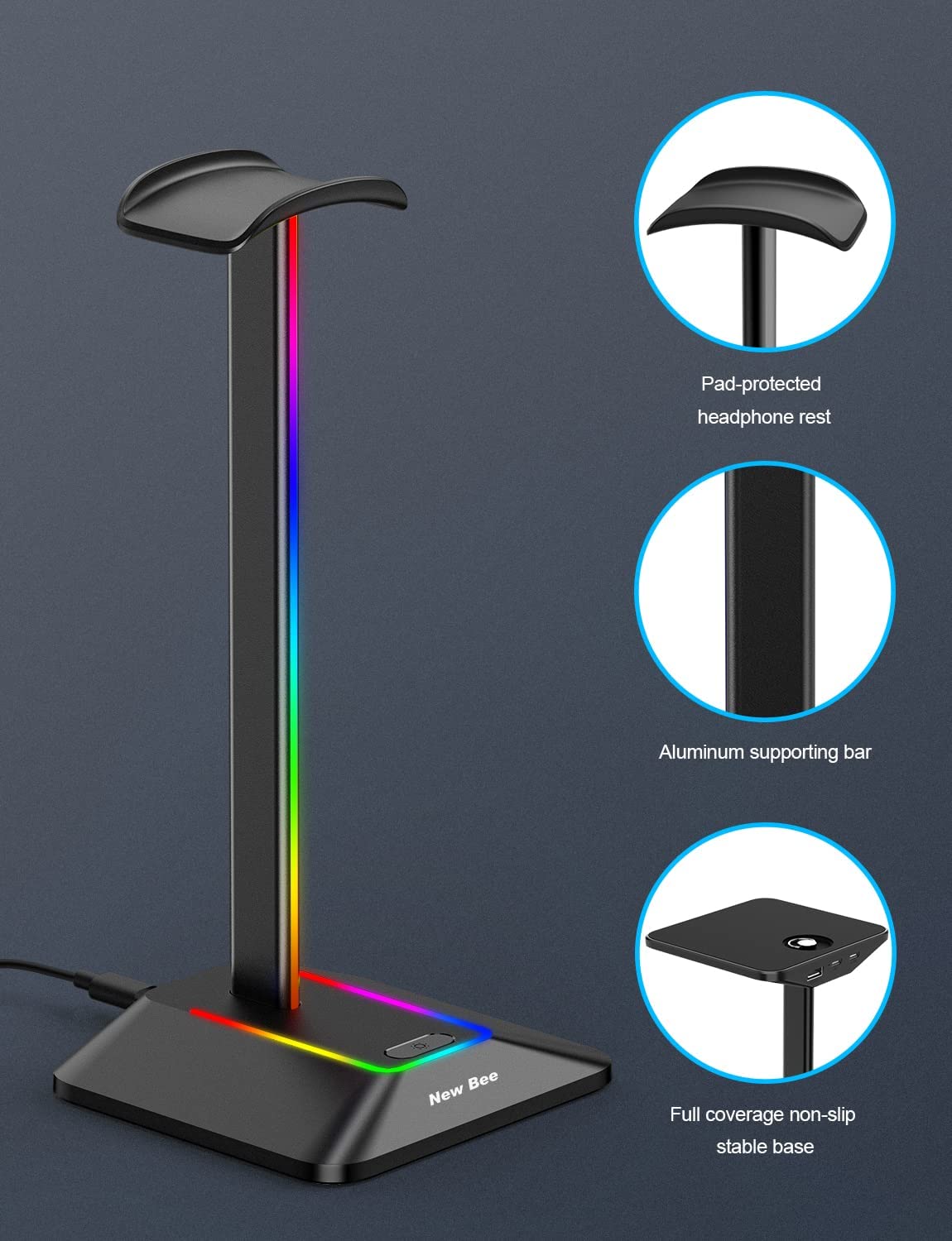 Stand casti RGB, suport gaming cu slot USB si USB C si transfer de date, universal, plug and play, compatibil Windows, Linux, Mac