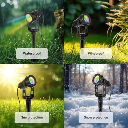 Set 6 lampi pentru gradina, RGB LED, 12 V, 18 W, 1200 lm, proiector cu telecomanda, impermeabil IP65, Iluminat exterior pentru gradina, curte, petrecere, copaci, cu tarus si cablu de 20 m