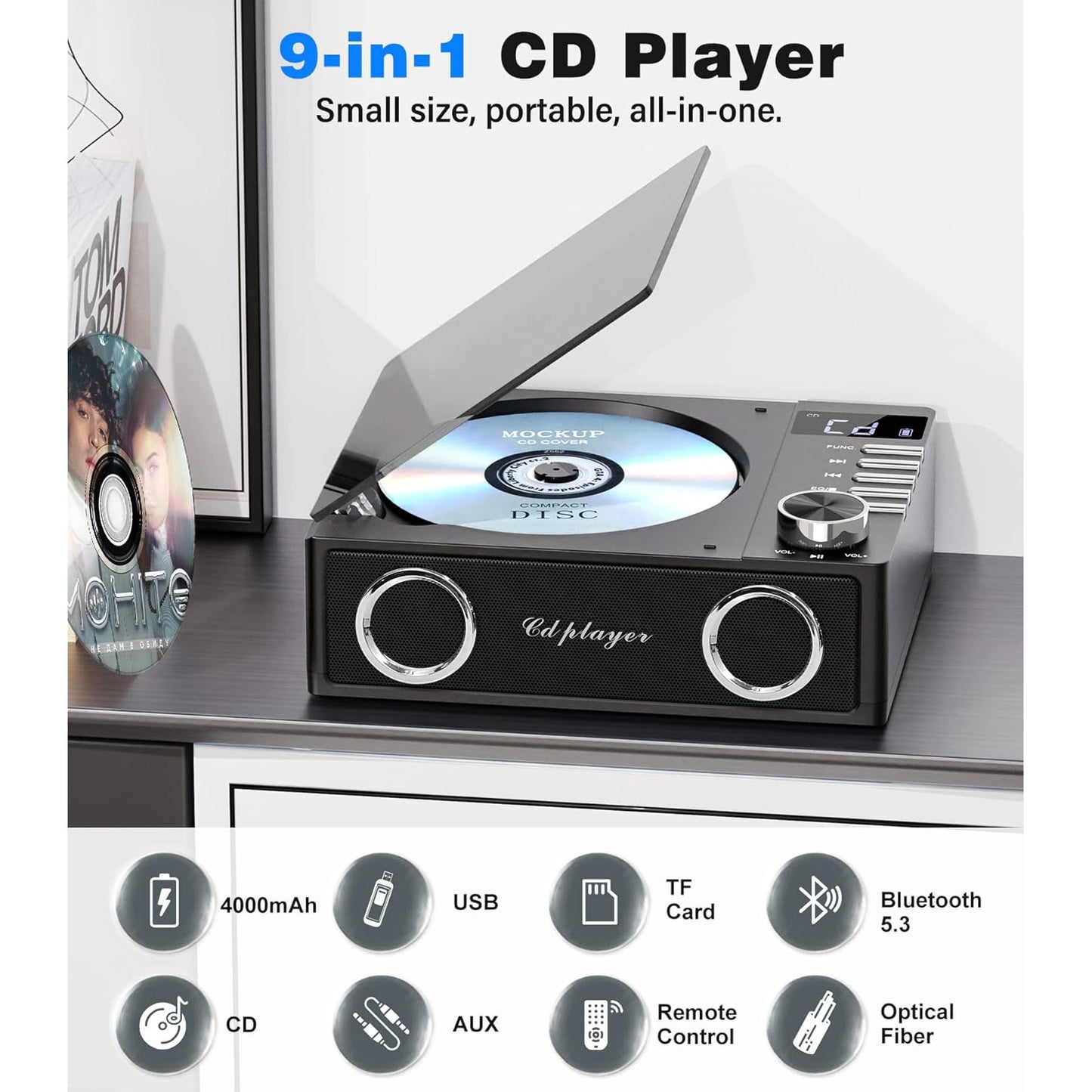 CD Player portabil cu Bluetooth 5.3, acumulator 4000 mAh, telecomanda, sunet HiFi, display LED, difuzor incorporat, cu Radio, USB, TF, AUX si port iesire optica, negru