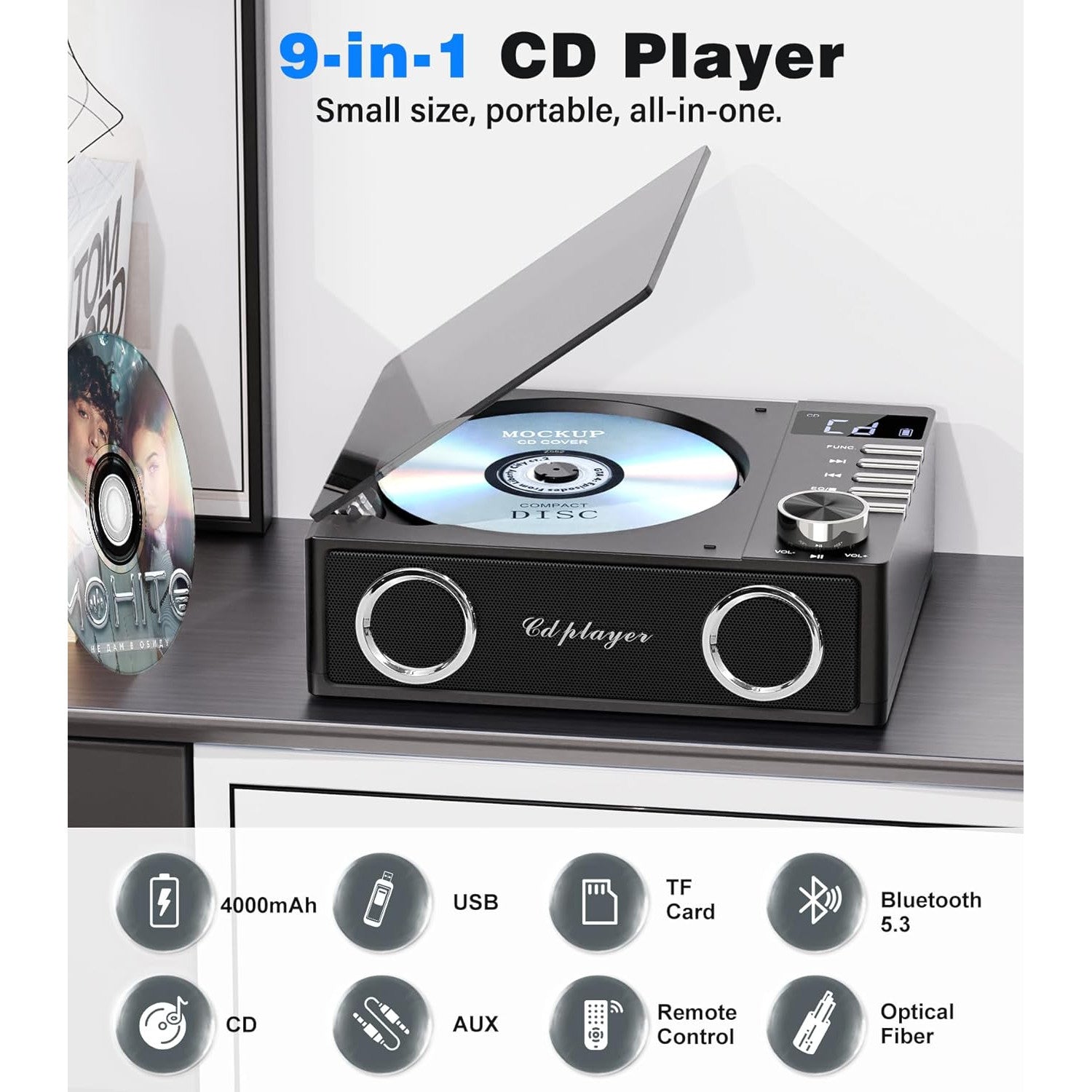 CD Player portabil cu Bluetooth 5.3, acumulator 4000 mAh, telecomanda, sunet HiFi, display LED, difuzor incorporat, cu Radio, USB, TF, AUX si port iesire optica, negru