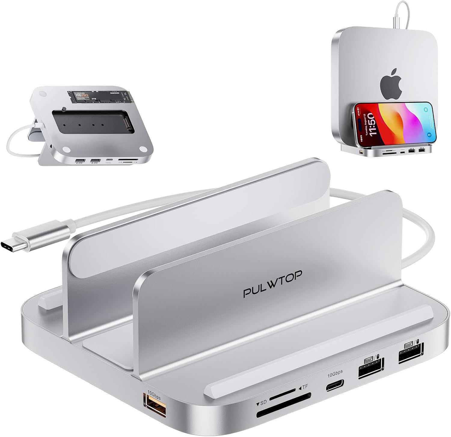 Suport Hub pentru Mac Mini M2/M1, Docking Station vertical 8 in 1 cu slot SSD PCIe, 3 slot USB-A, USB-C 10 Gbps, cititor de carduri SD/TF, mufa audio 3, 5 mm, cu suport telefon