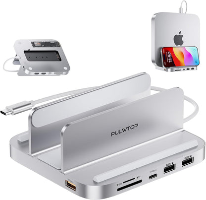 Suport Hub pentru Mac Mini M2/M1, Docking Station vertical 8 in 1 cu slot SSD PCIe, 3 slot USB-A, USB-C 10 Gbps, cititor de carduri SD/TF, mufa audio 3, 5 mm, cu suport telefon