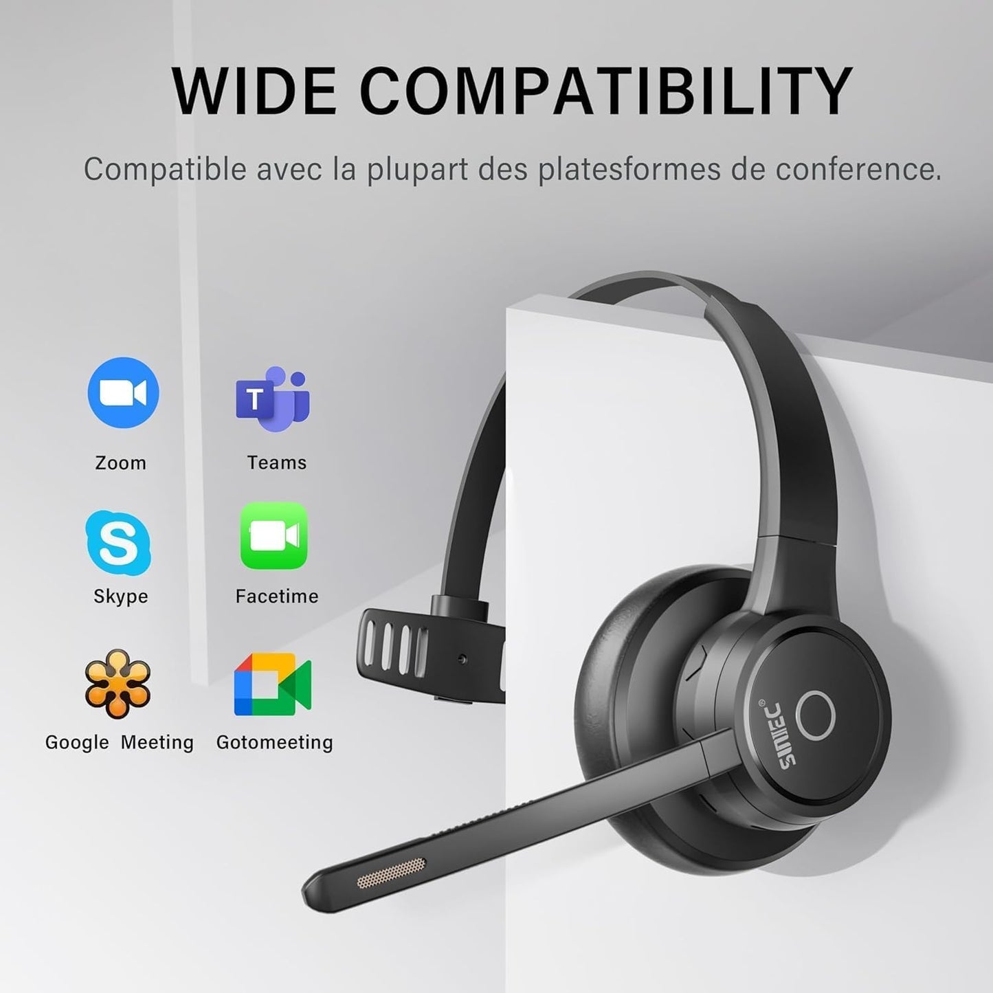 Casti Bluetooth SUNITEC V5.3 cu microfon pentru PC, ENC reducere zgomot 98%, dongle USB, statie de incarcare, conexiune multipunct, autonomie 16h, compatibile Zoom / Teams / Skype, negru