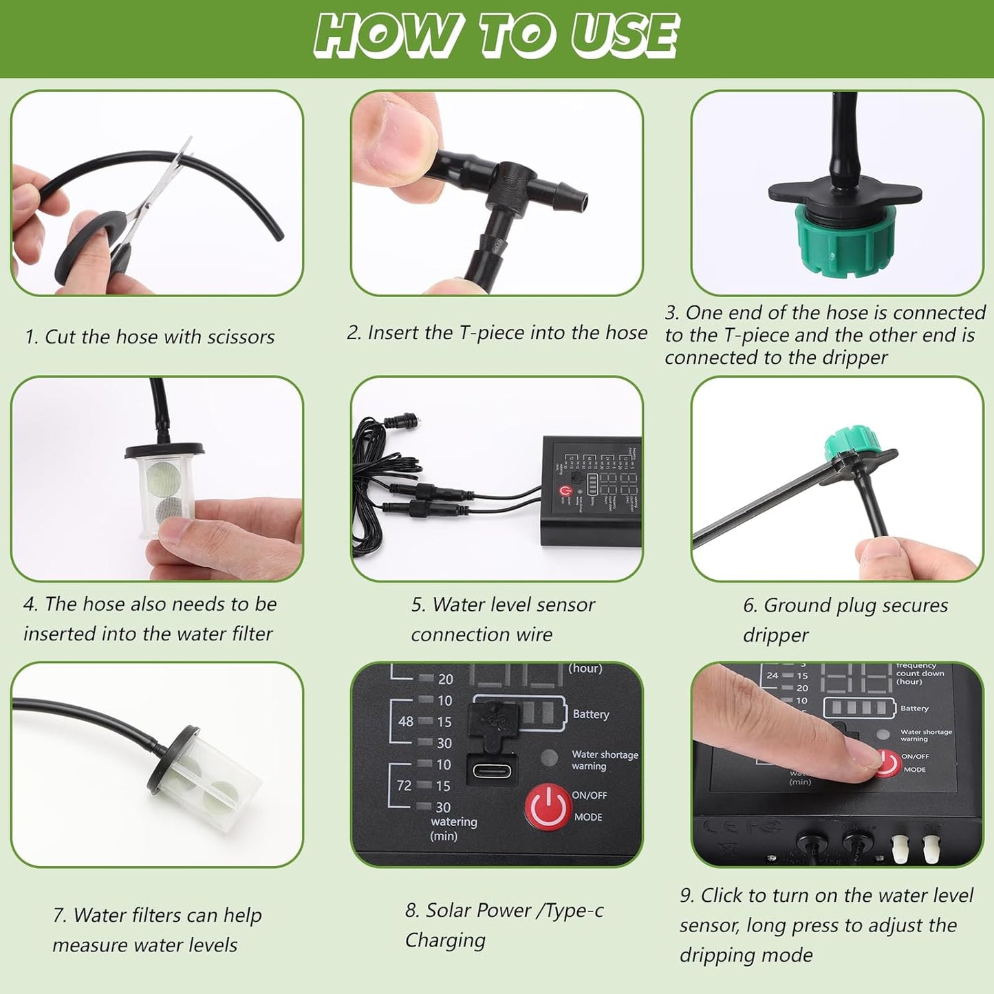 Kit sistem de irigare prin picurare solar automat, cu panou solar, 15 picuratoare, 15 m de furtun, senzor nivel apa, 12 moduri irigare, incarcare duala USB-C/solar, indicator nivel baterie, impermeabil IP65