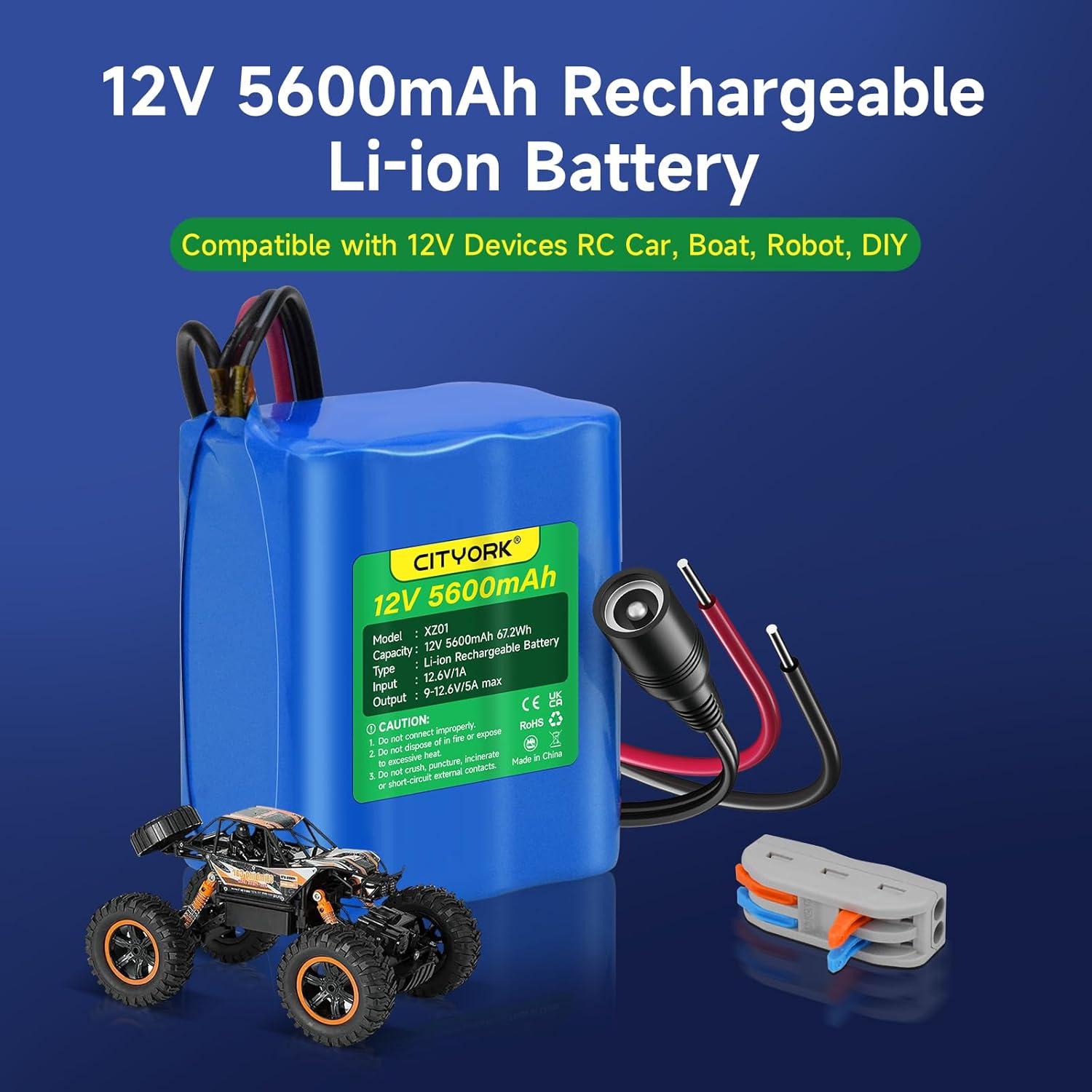 Acumulator 12V, 5600mAh 5A, cu mufa incarcare si incarcator Li-Ion, pentru RC, camere wireless, camere supraveghere, playere portabile, benzi LED, drone