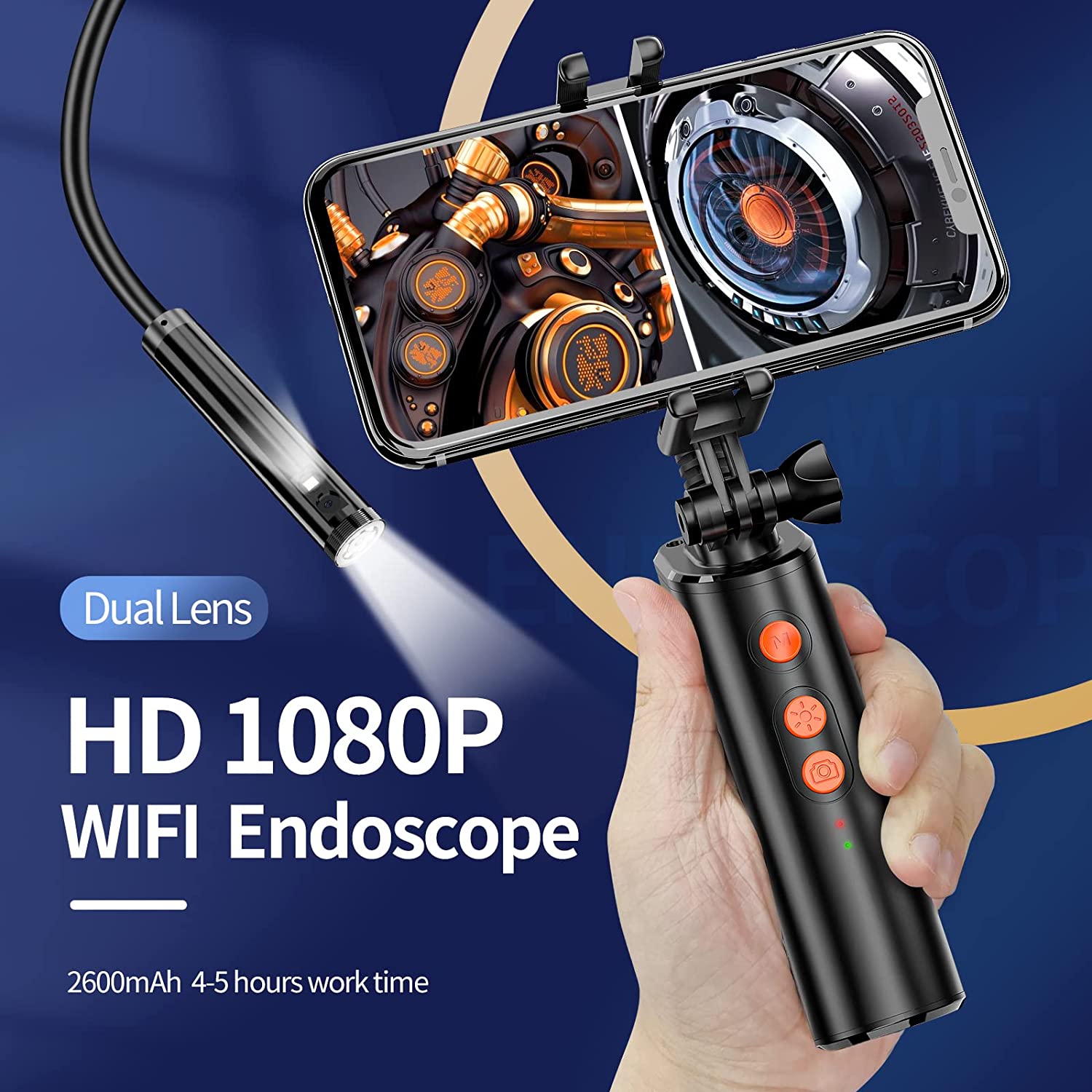 Video endoscop Wifi, camera de inspectie cu camera duala frontal si lateral, 1080P HD, cu lumini LED, impermeabila IP68, pentru smartphone Android, iPhone