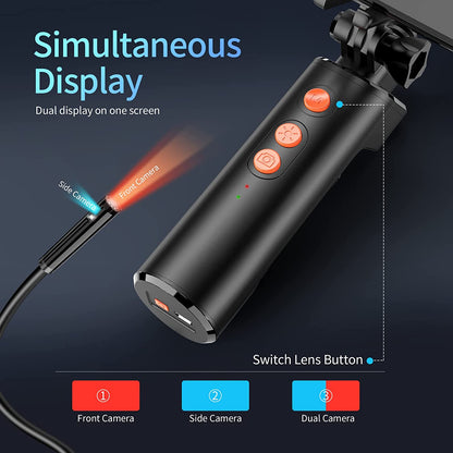 Video endoscop Wifi, camera de inspectie cu camera duala frontal si lateral, 1080P HD, cu lumini LED, impermeabila IP68, pentru smartphone Android, iPhone