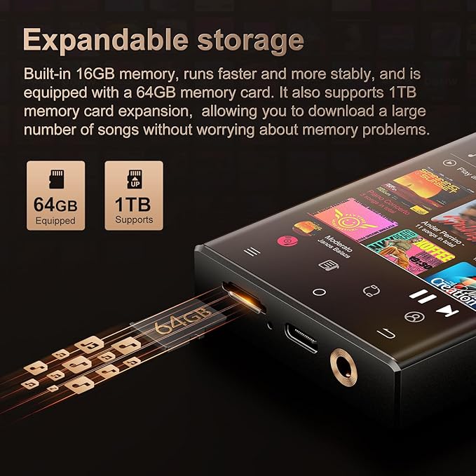 MP3 Player 80GB, Bluetooth V4.1, Wifi, ecran 2, 8 inch, sunet HiFi, Lossless DSD512, acumulator 1450 mAh, 15 ore de redare, memorie 16 GB si card 64 GB, suporta card pana la 1 TB, cu Android Spotify