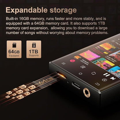 MP3 Player 80GB, Bluetooth V4.1, Wifi, ecran 2, 8 inch, sunet HiFi, Lossless DSD512, acumulator 1450 mAh, 15 ore de redare, memorie 16 GB si card 64 GB, suporta card pana la 1 TB, cu Android Spotify