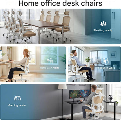 Scaun de birou ergonomic Coscendo, cu tetiera 3D reglabila si suport lombar ajustabil, inclinare 90°–120°, cotiere rabatabile 90°, reglabil pe inaltime, rotativ cu roti silentioase, sarcina maxima 130 kg, crem